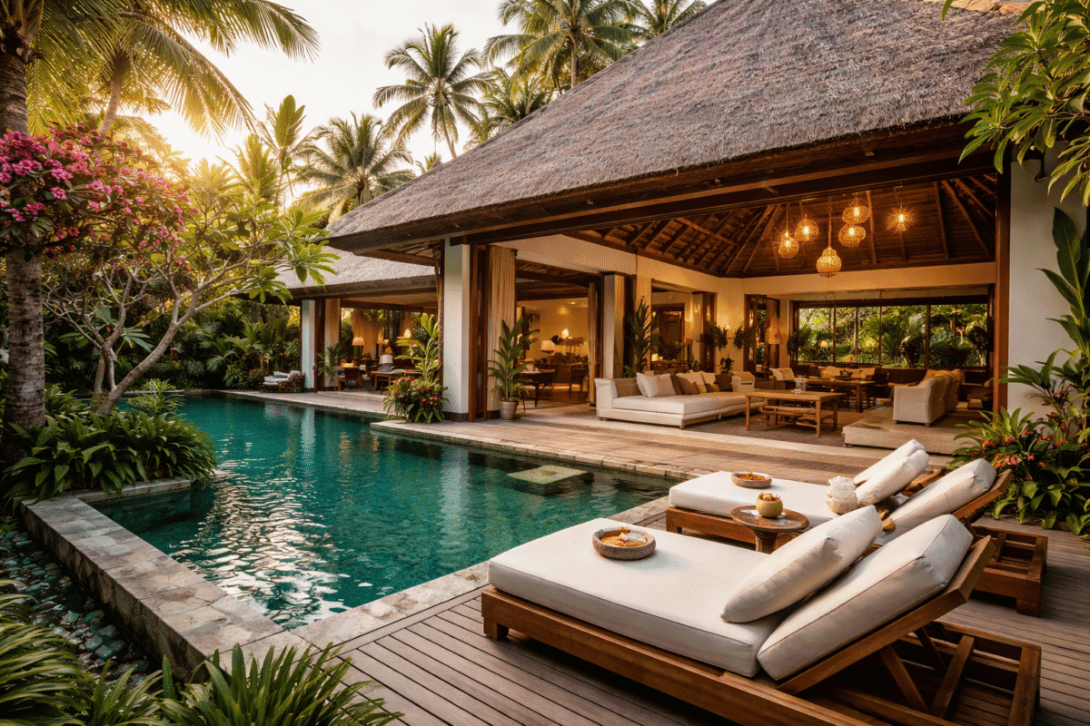 luxury villa in Bali with private pool, tropical garden, and open-air living area