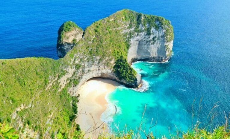 Aerial view of Kelingking Beach in Nusa Penida with turquoise waters and rugged cliffs.