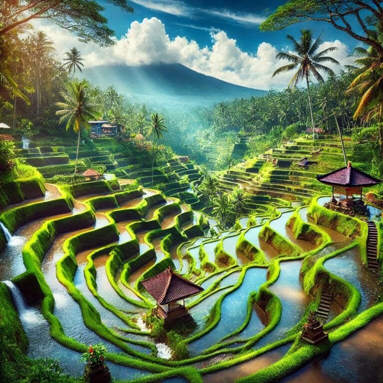 Subak rice terraces in Bali with water flowing through lush green fields.
