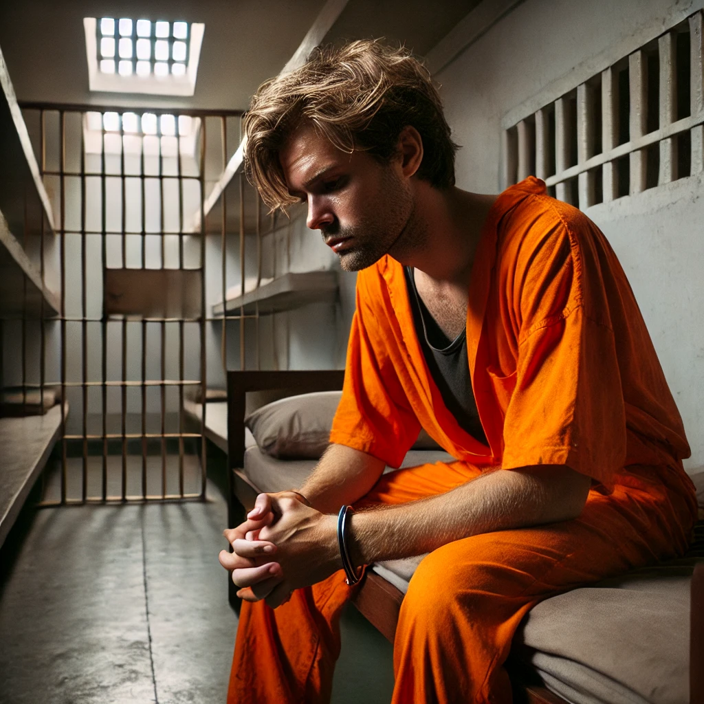 A distressed tourist wearing an orange jumpsuit inside an Indonesian prison cell with metal bars.