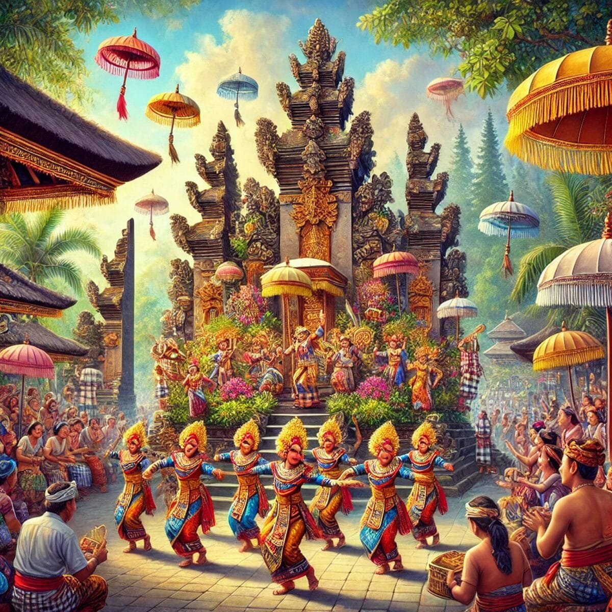 A Balinese dancer performing in traditional attire during a temple festival.