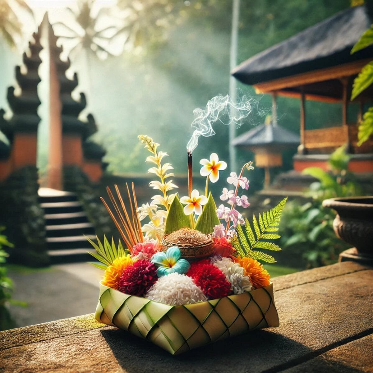 A beautifully arranged Canang Sari offering with colorful flowers, rice, and incense on a Balinese temple step, with lush greenery and morning sunlight.