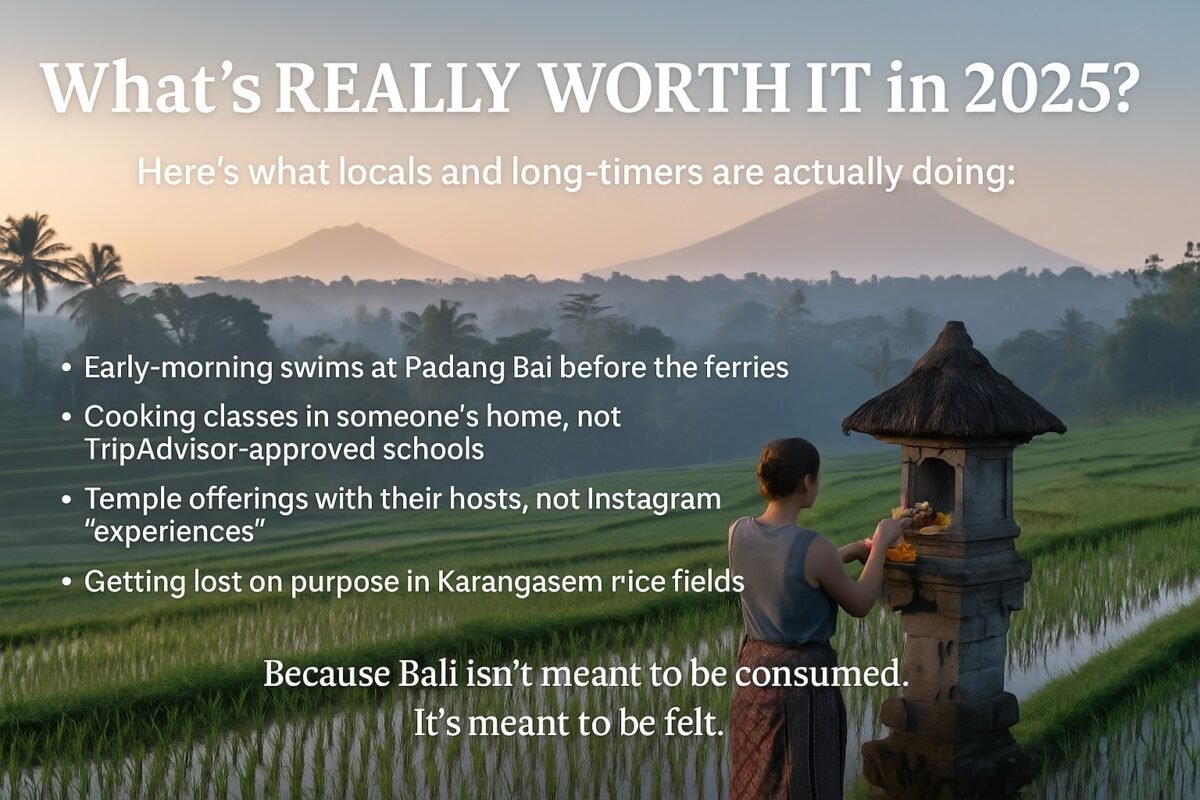 Balinese woman carrying offerings to a family shrine at sunrise