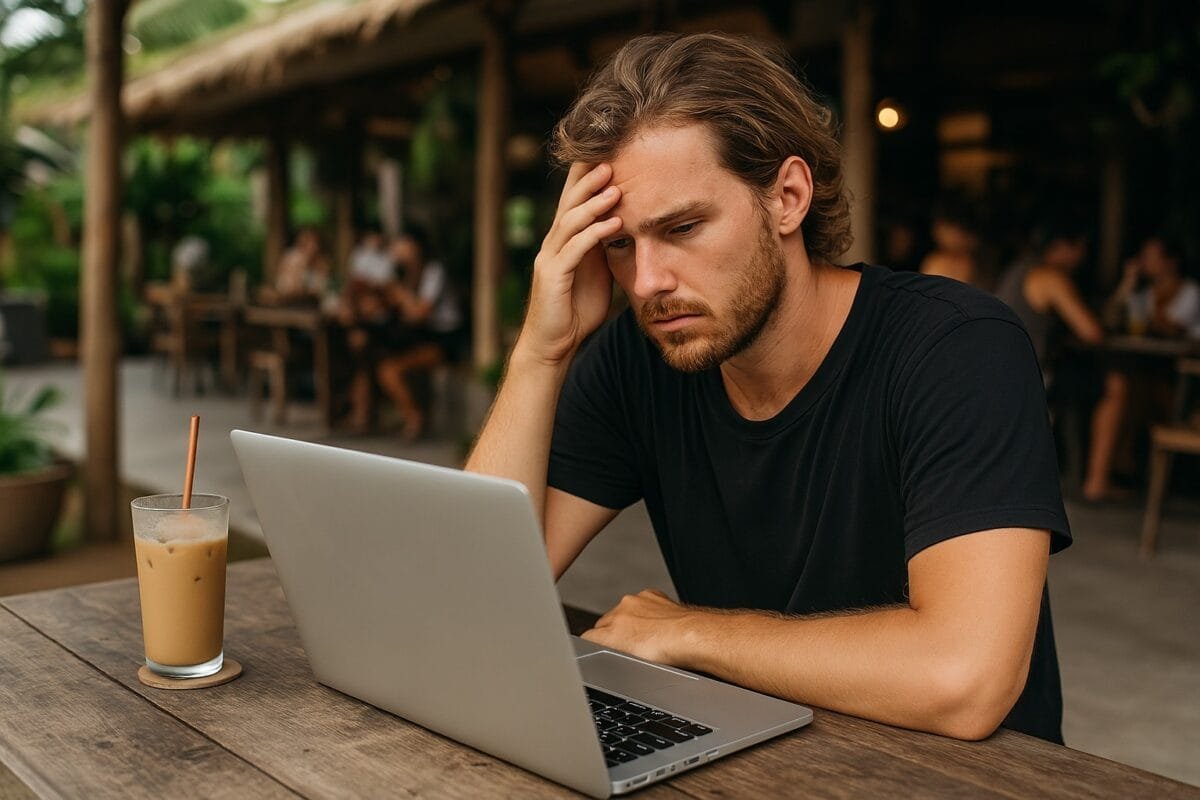 Digital nomad sitting alone with a laptop at a Bali café looking tired
