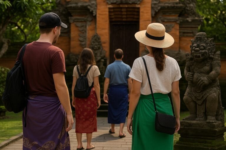 Foreign tourists visiting a Balinese temple under new 2025 rules