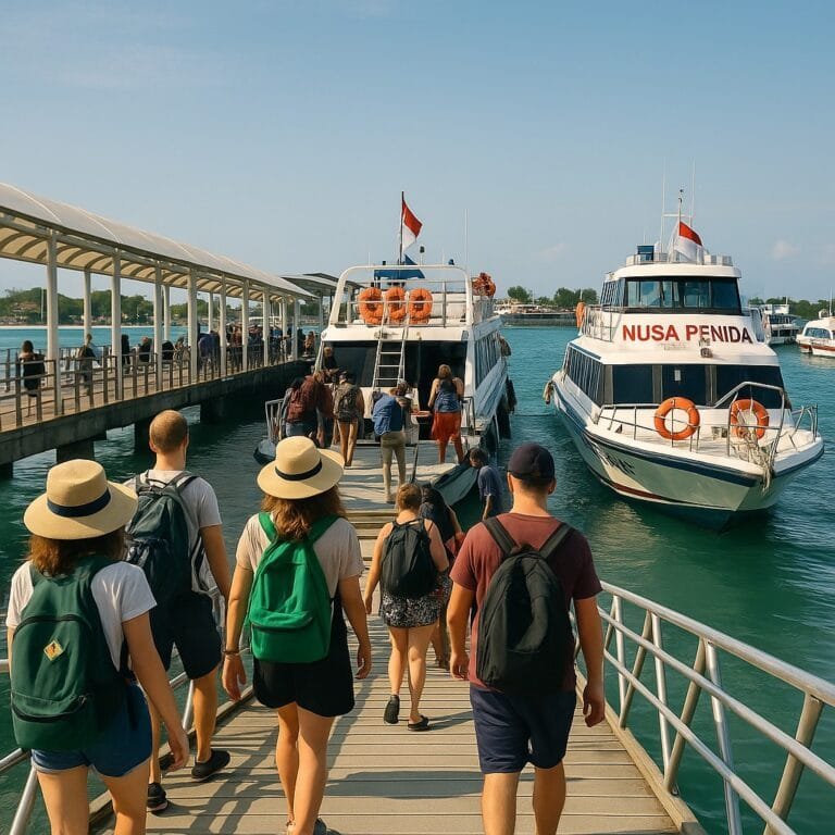 Sanur Harbour Bali with fast boats ready to depart to Nusa Penida and Nusa Lembongan