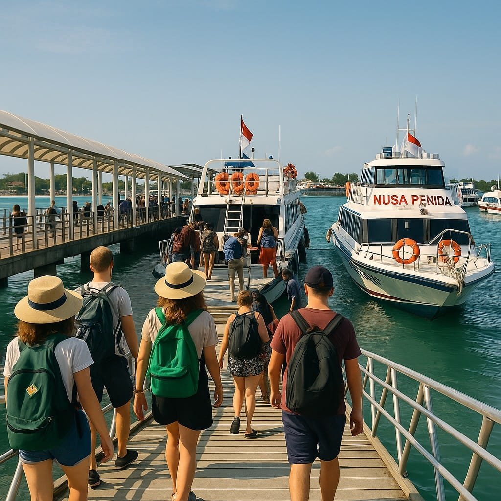 Sanur Harbour Bali with fast boats ready to depart to Nusa Penida and Nusa Lembongan