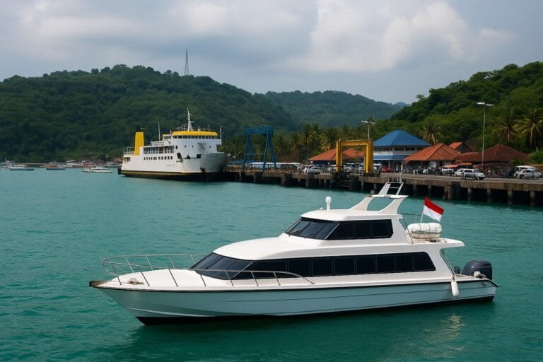 Bali harbor with fast boats and ferries docked on a clear day – representing island transport routes