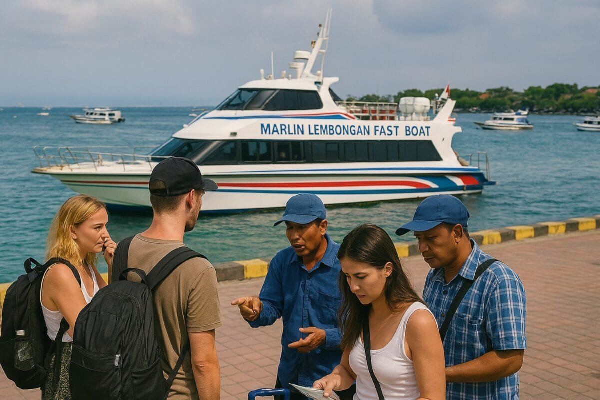 Fast boat in Bali boarding passengers for trips to Gili and Nusa Penida