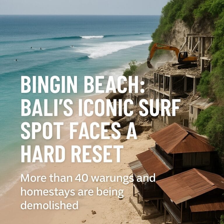 Excavator demolishing cliffside warungs at Bingin Beach, Bali, while surfers enjoy the waves in the background.