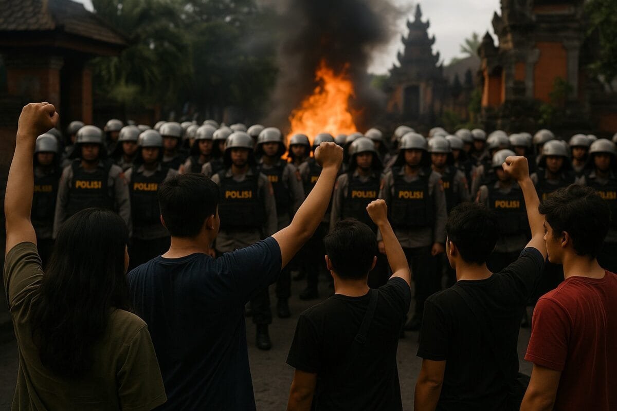 Protesters and police during demonstrations in Denpasar, Bali, 2025