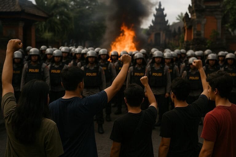 Protesters and police during demonstrations in Denpasar, Bali, 2025