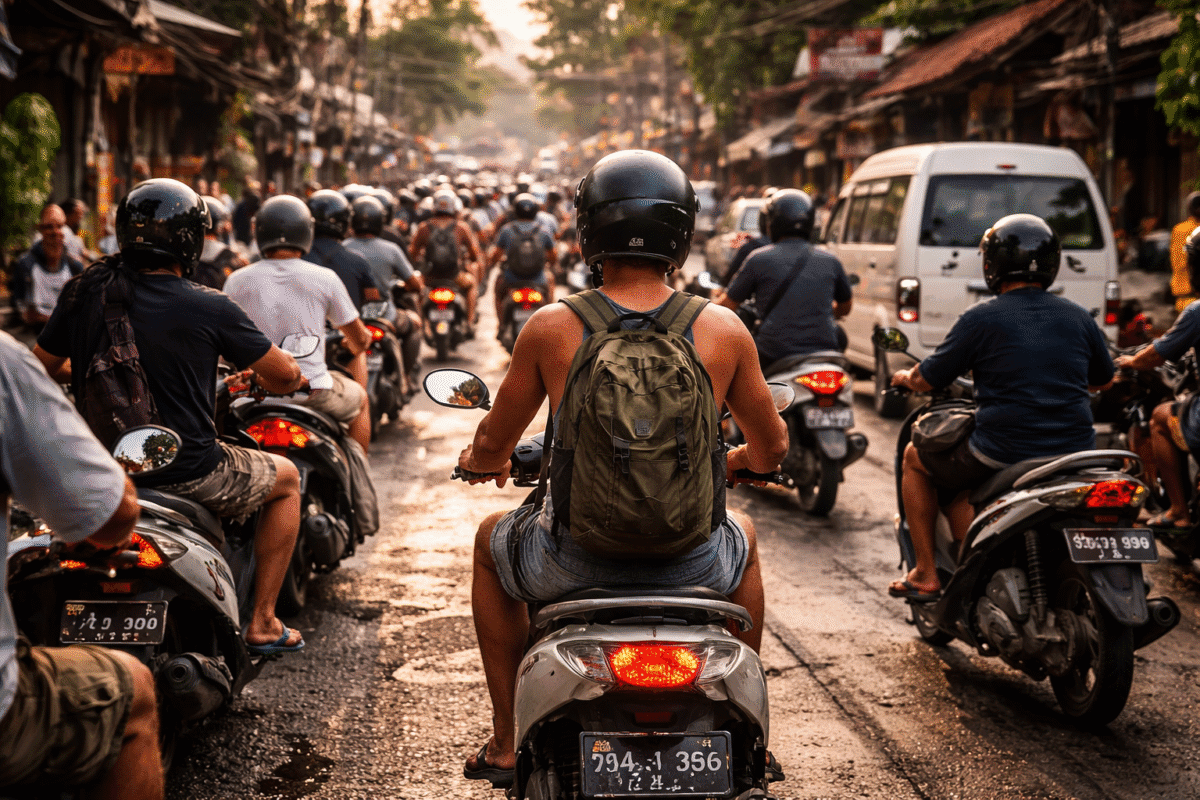 Tourist riding a scooter in heavy Bali traffic highlighting the dangers of driving in Bali
