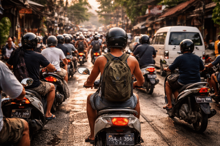 Tourist riding a scooter in heavy Bali traffic highlighting the dangers of driving in Bali