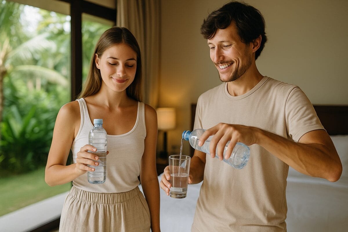 Bottled water and glasses in a Bali villa