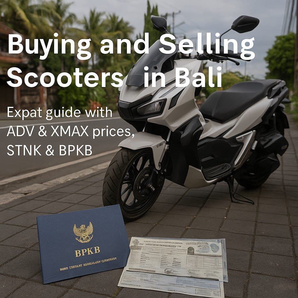 Foreigner riding a Honda ADV scooter in Bali 2025 on a tropical road with palm trees, rice fields and temple in the background