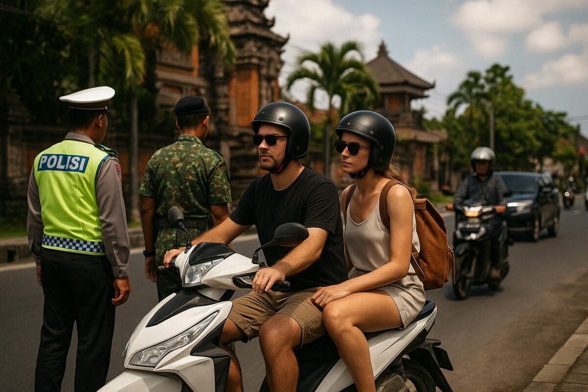 Tourist riding a scooter in Bali 2025 on a tropical road lined with palm trees and rice fields