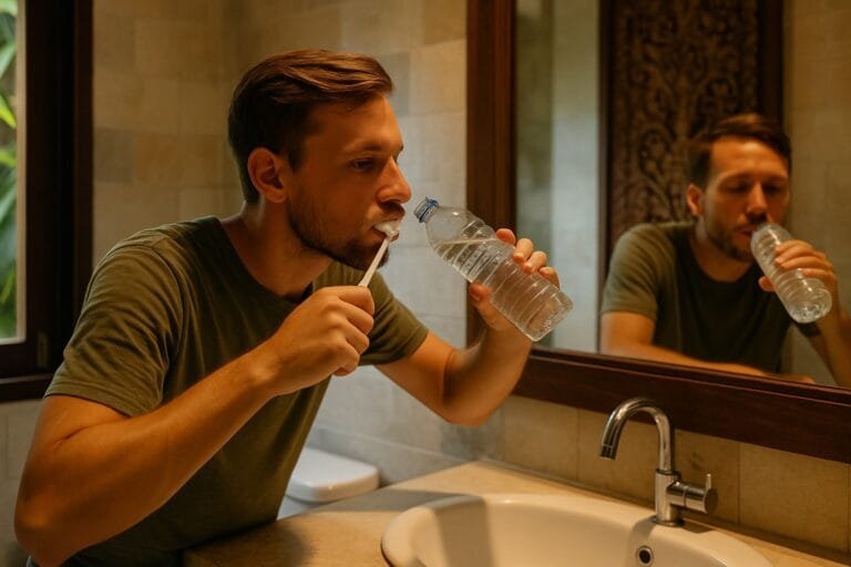 Traveler brushing teeth in Bali using bottled water in a bathroom