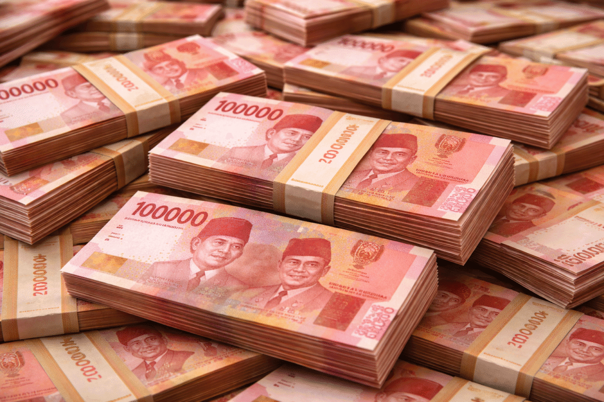 Stacks of Indonesian 100000 rupiah bills showing money and travel costs in Bali