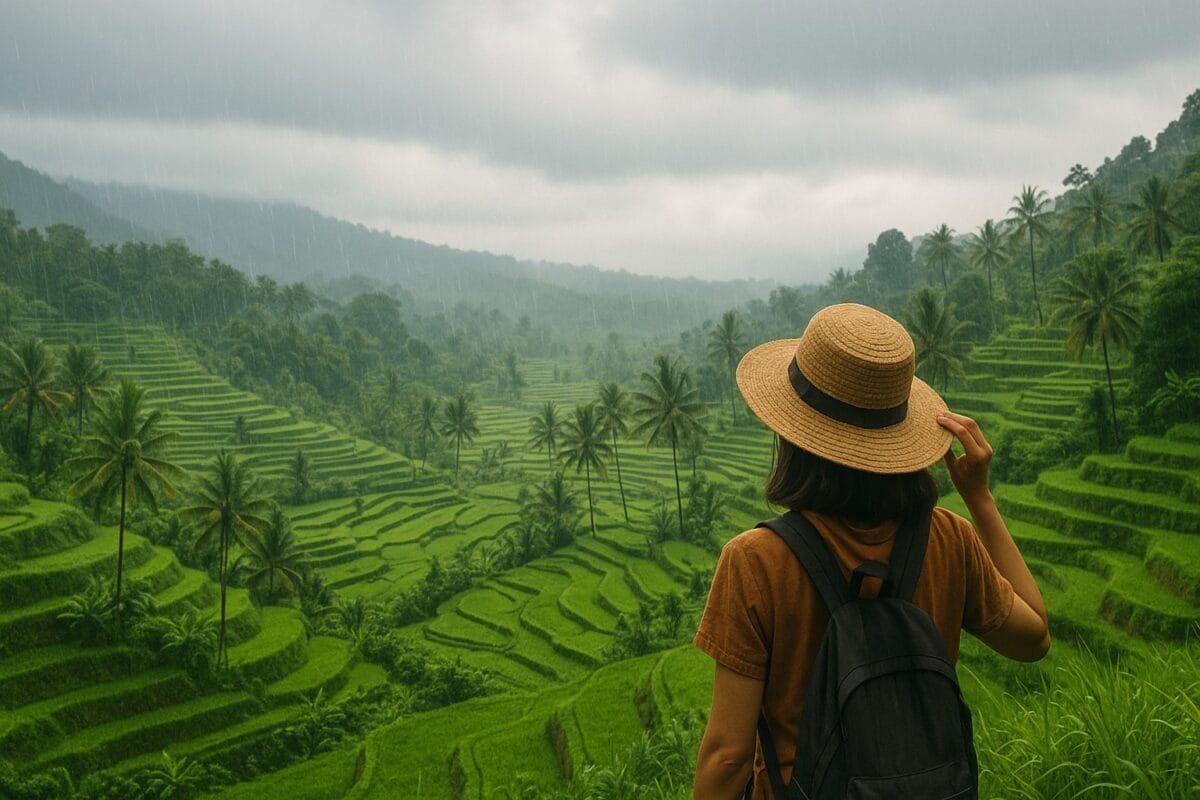 Bali rice terraces during rainy season with misty hills and a traveler enjoying the scenery.