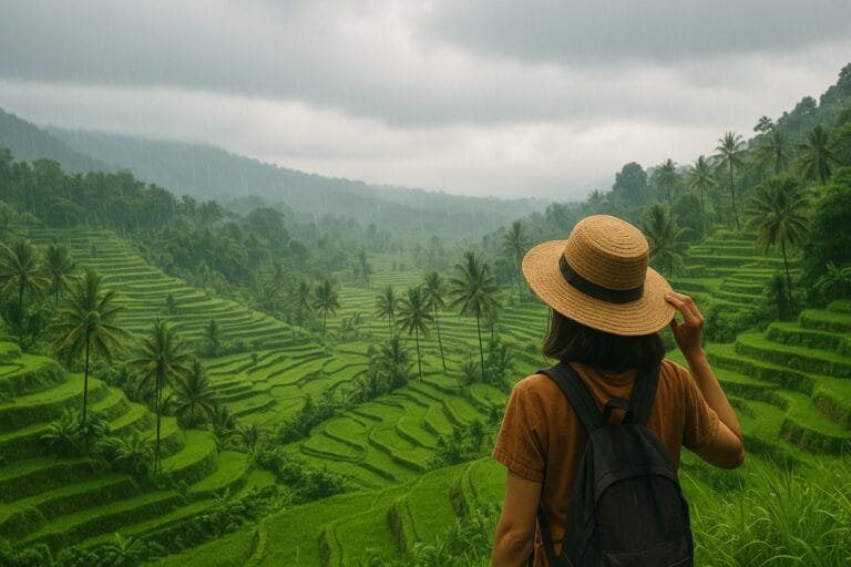 Bali rice terraces during rainy season with misty hills and a traveler enjoying the scenery.