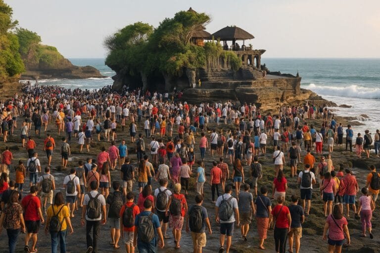 Large crowd of tourists at Tanah Lot Temple in Bali during sunset, representing overtourism.