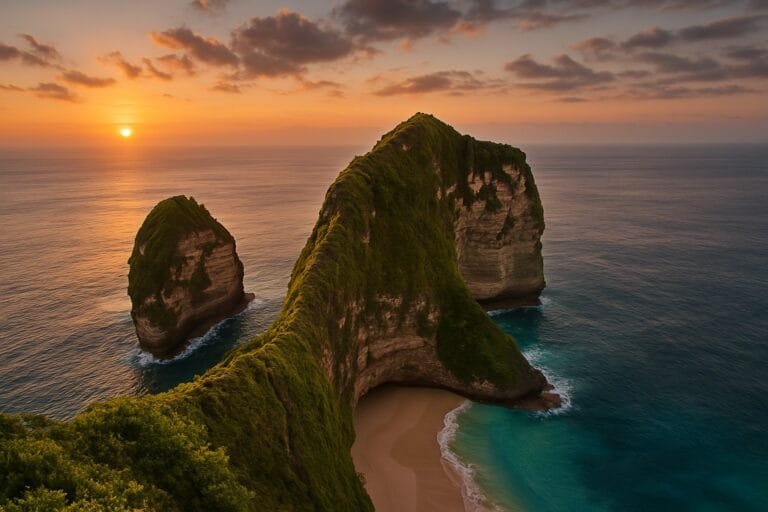Sunset view of the cliffs at Kelingking Beach on Nusa Penida, showing the natural landscape preserved.