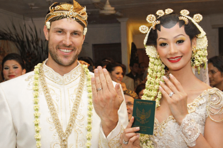 Foreigner and Balinese bride during a traditional wedding ceremony in Bali