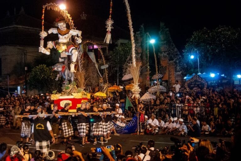 Ogoh-Ogoh statues paraded through the streets of Bali during the Ogoh-Ogoh Festival 2026 on the eve of Nyepi