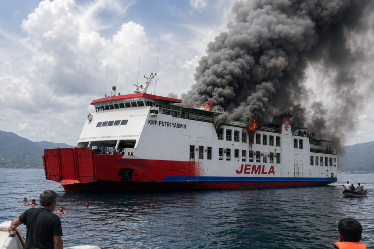 Illustration of the KMP Putri Yasmin ferry fire while sailing from Bali to Lombok