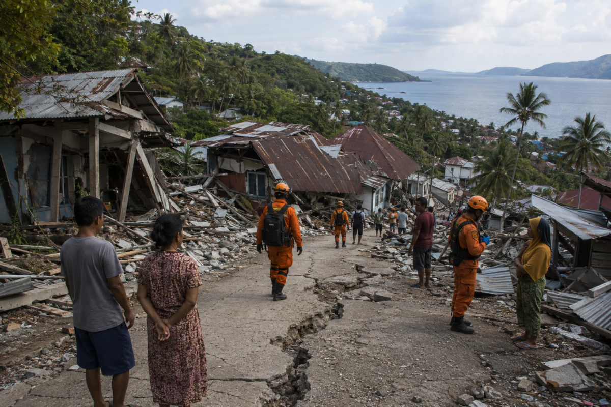 Aftermath of a powerful earthquake on Flores Island in Indonesia, with damaged houses and rescue workers at the scene.